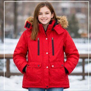 Steve Madden‎ Girls sz L 16 Red Warm Winter Jacket Faux Fur Hood